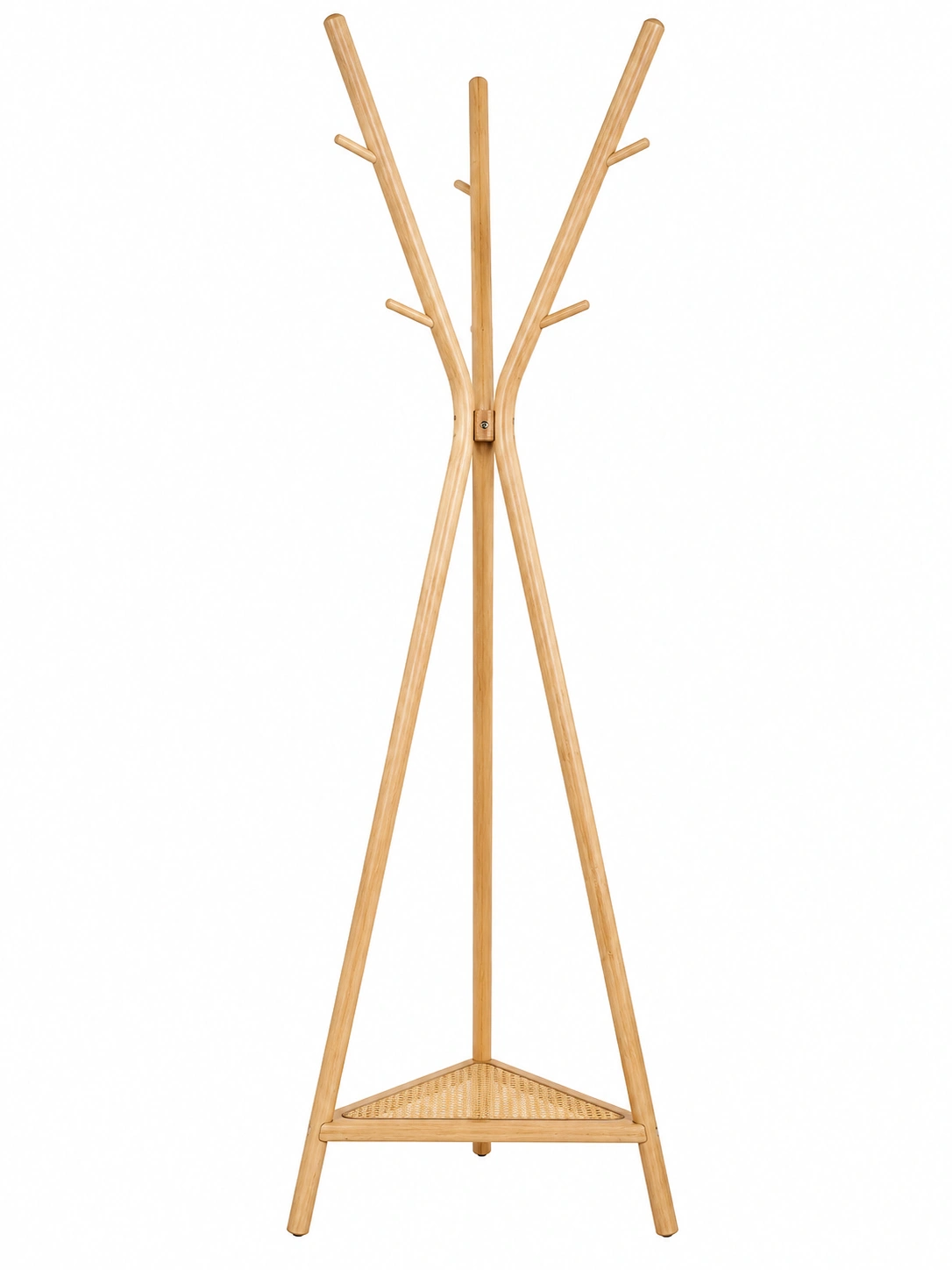 Perchero de esquina de madera clara con base triangular-hemboria