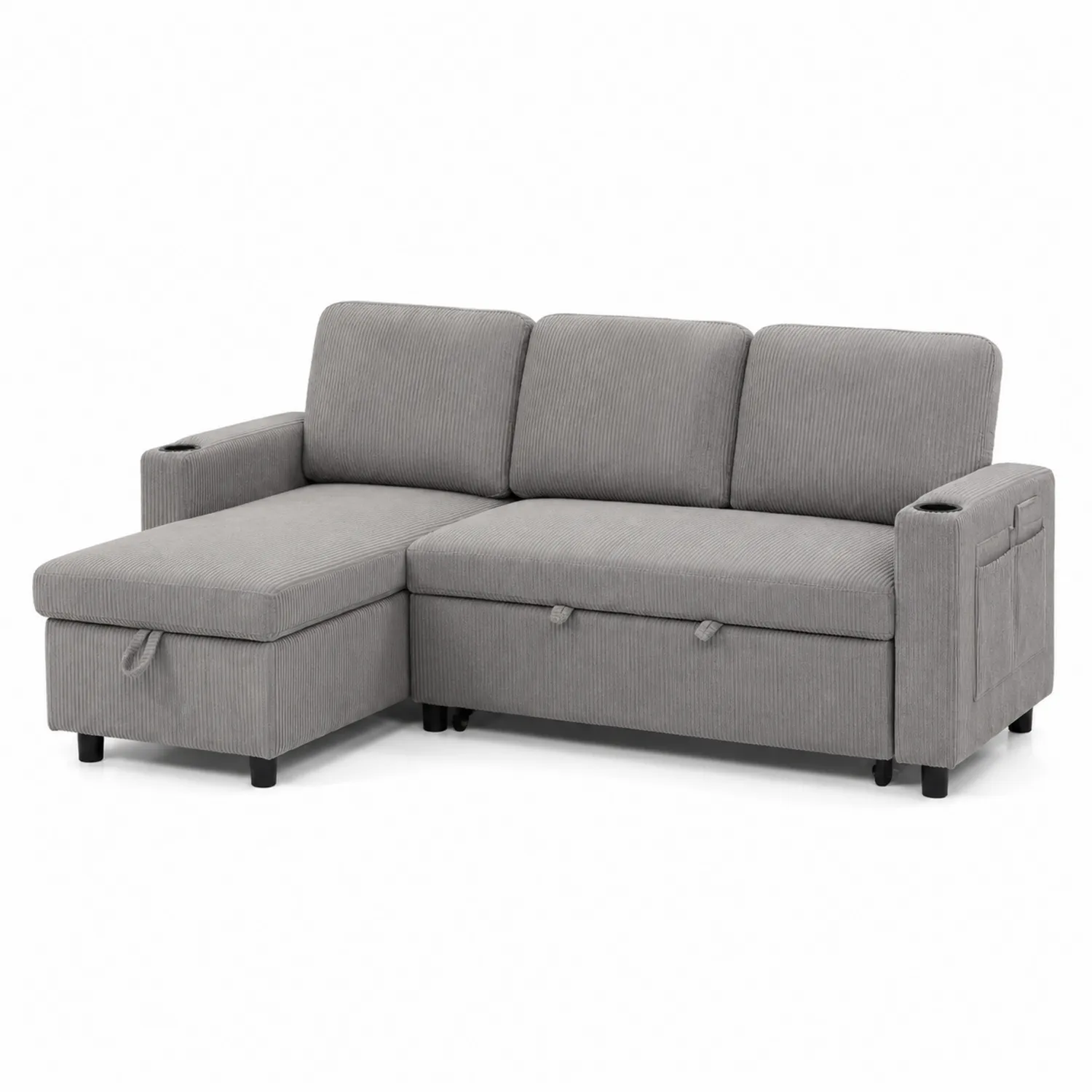 Canapé sectionnel convertible en tissu côtelé gris avec méridienne réversible-Hearthlyeu