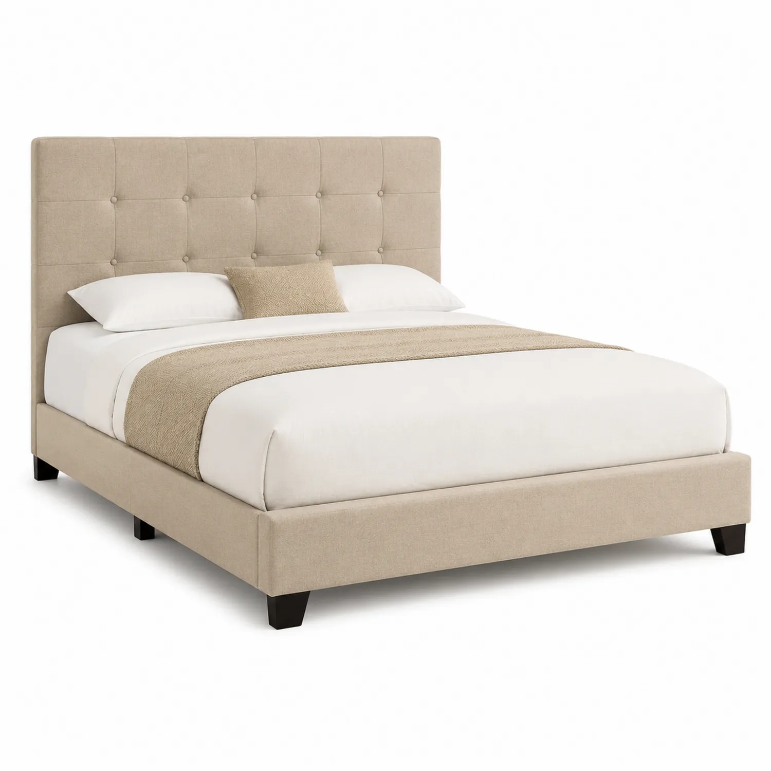 Lit double en tissu beige avec matelas et coussin 140x200 cm-Hearthlyeu