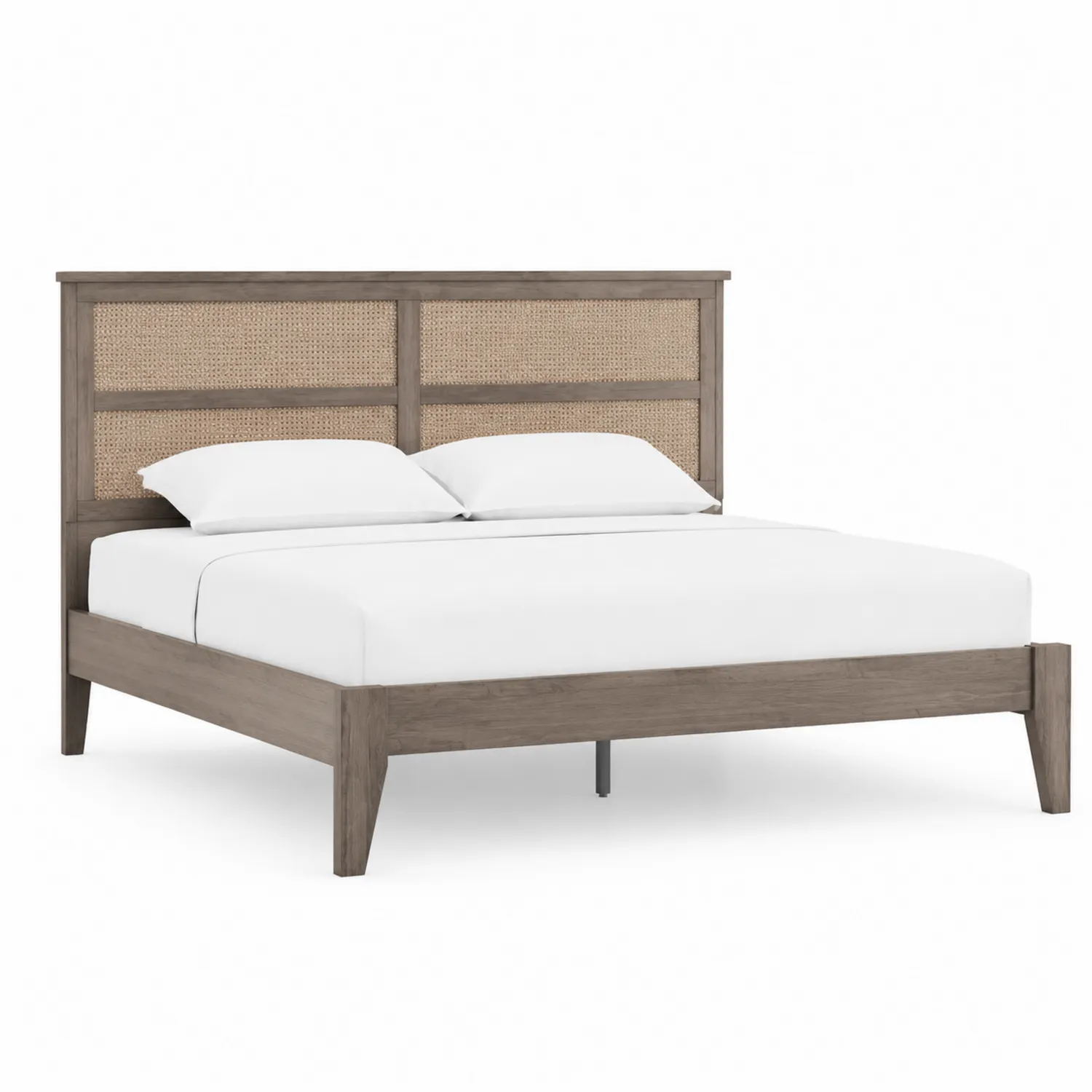 Lit double en bois avec tête de lit en rotin 200x180 cm-Hearthlyeu
