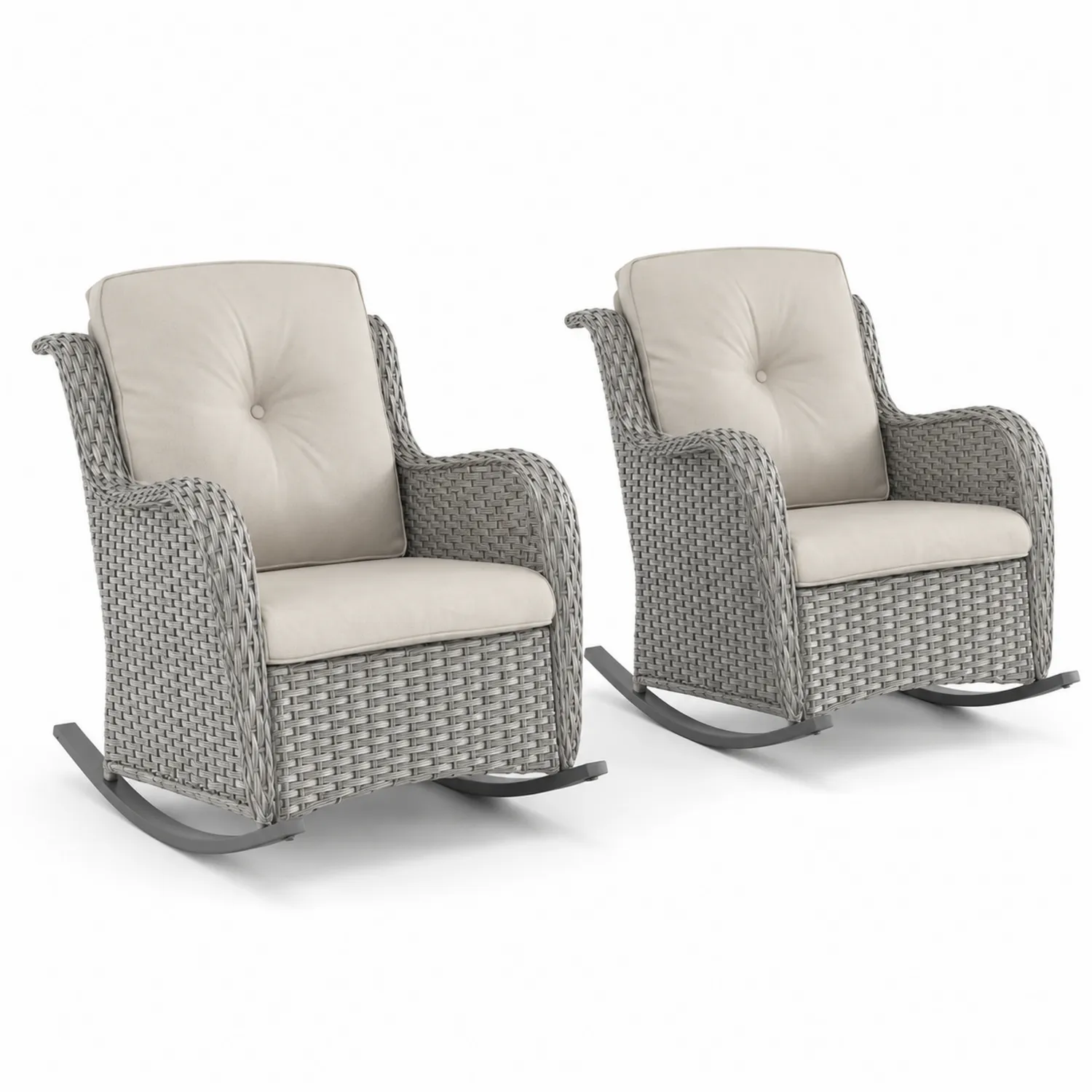 Chaises berçantes en osier gris avec coussins en polyester beige (2 pièces)-Hearthlyeu