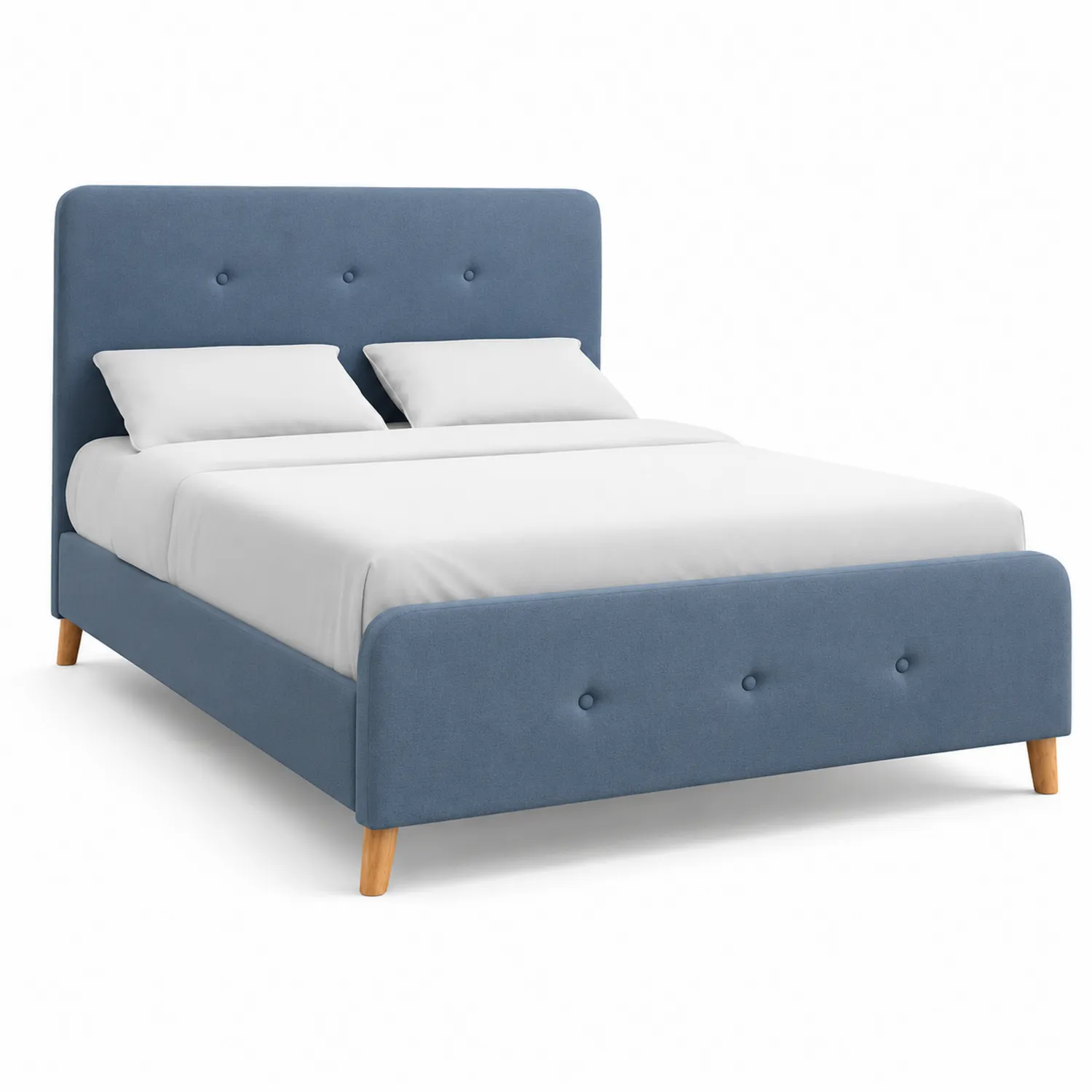 Lit double en bois et tissu bleu avec tête de lit rembourrée 200x160 cm-Hearthlyeu