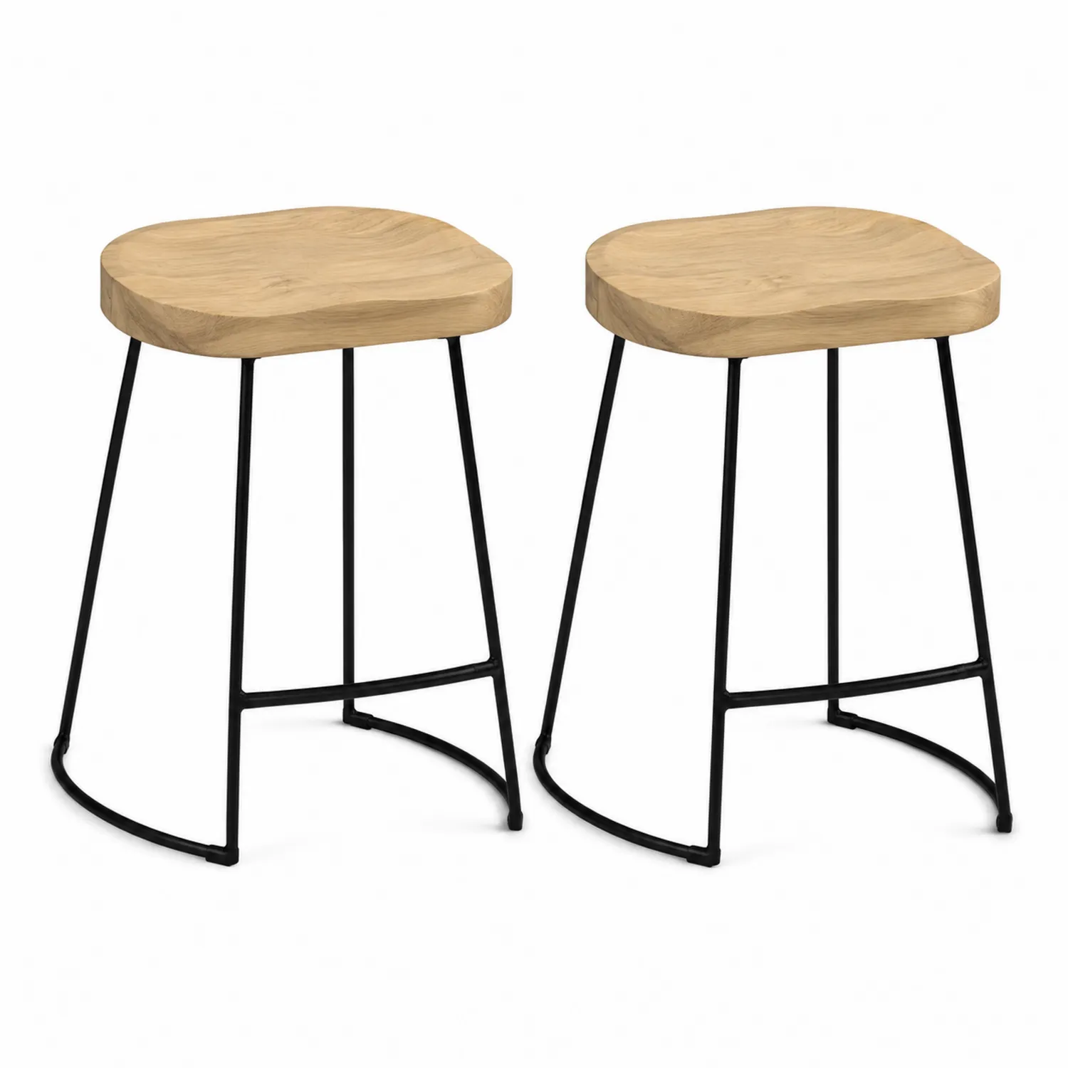 Tabourets en Bois d'Hévéa et Métal Noir - Lot de 2-Hearthlyeu