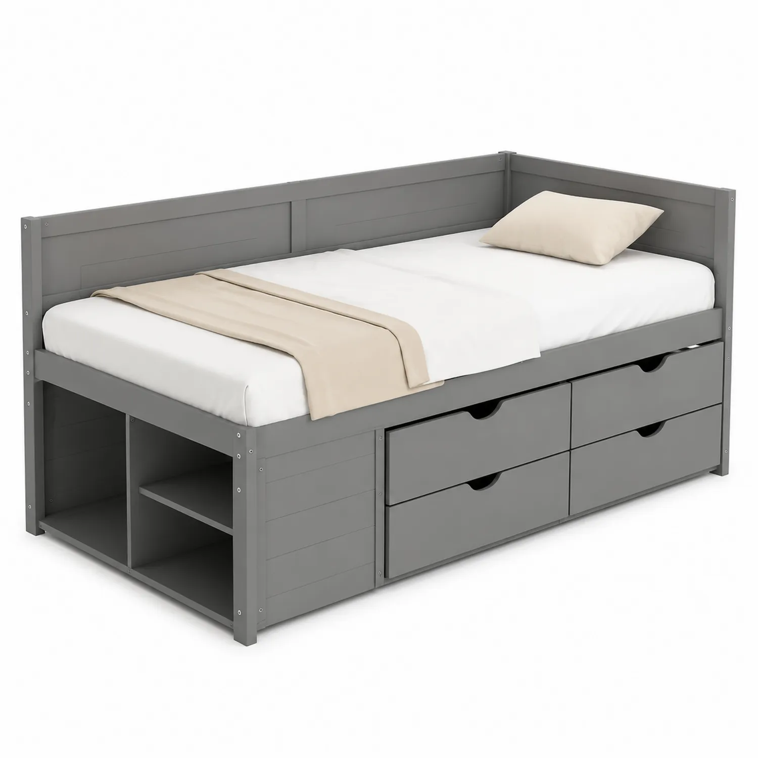 Lit en bois avec rangement et tiroirs gris-Hearthlyeu