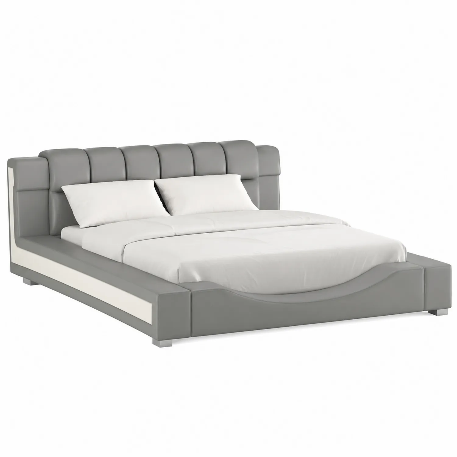 Lit double en cuir synthétique gris et blanc avec tête de lit rembourrée-Hearthlyeu