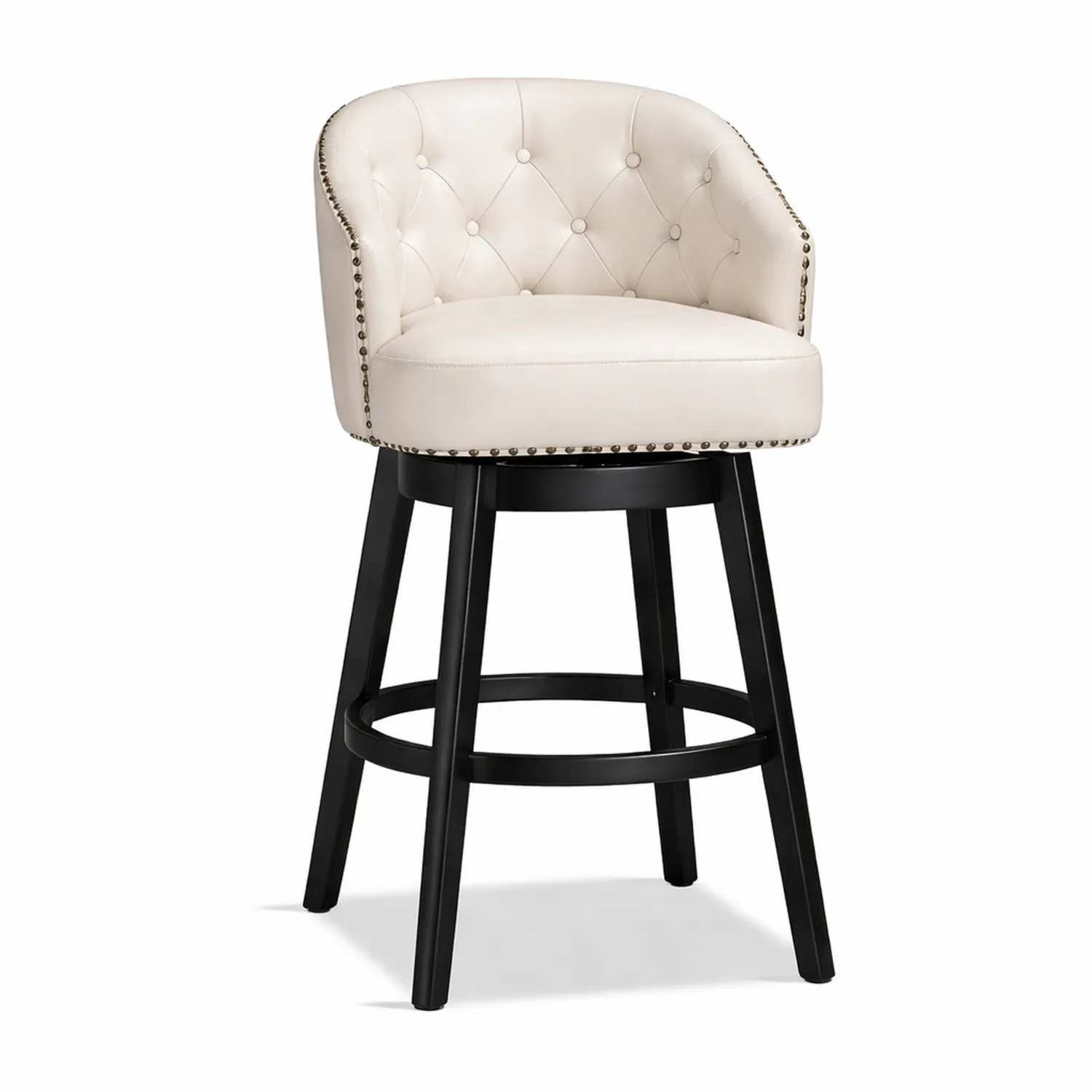 Tabouret de bar pivotant en cuir synthétique avec dossier clouté et pieds en bois-Hearthlyeu