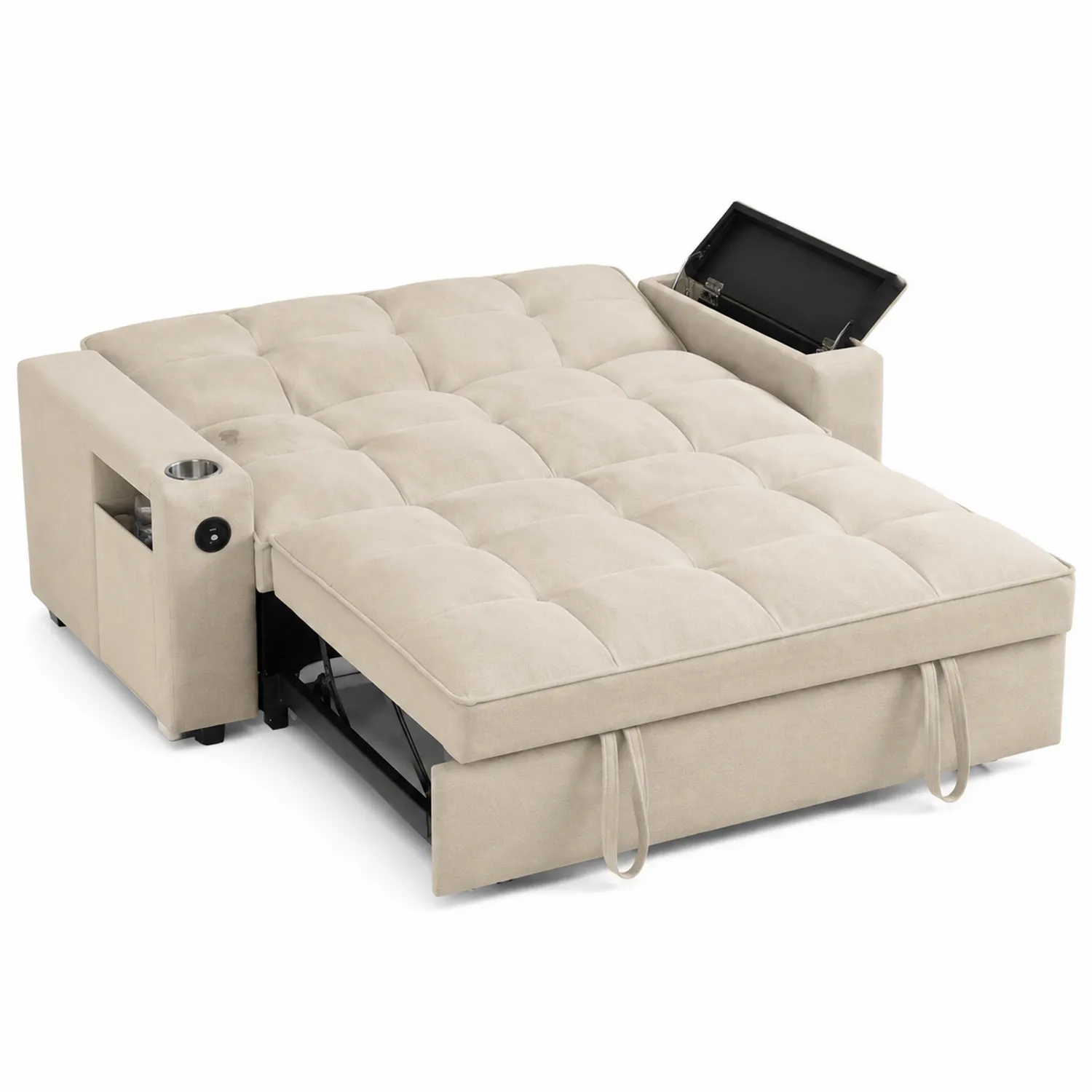 Canapé-lit en microfibre beige avec rangement et porte-gobelets, 200 cm-Hearthlyeu