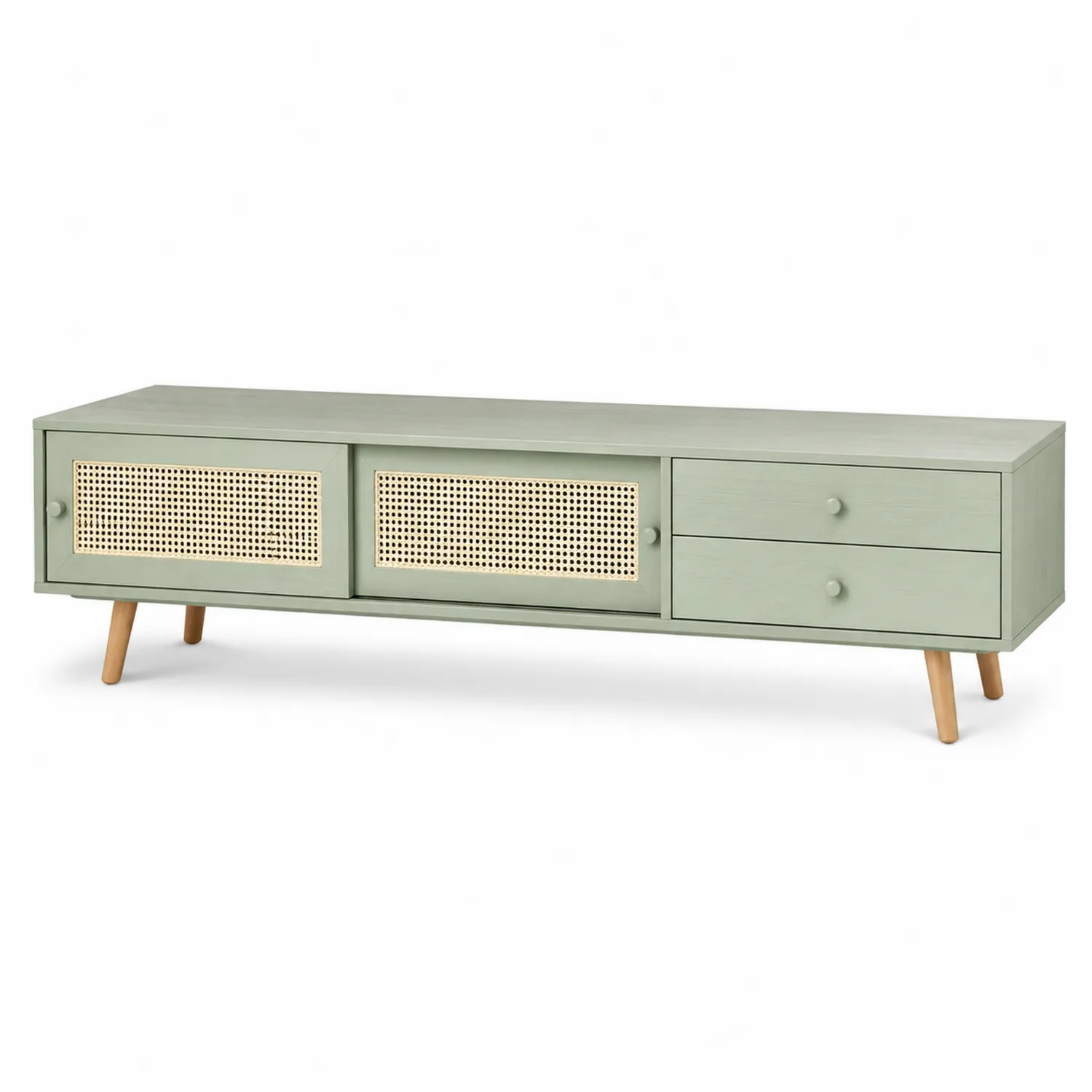 Meuble TV en bois vert avec portes en rotin-Hearthlyeu