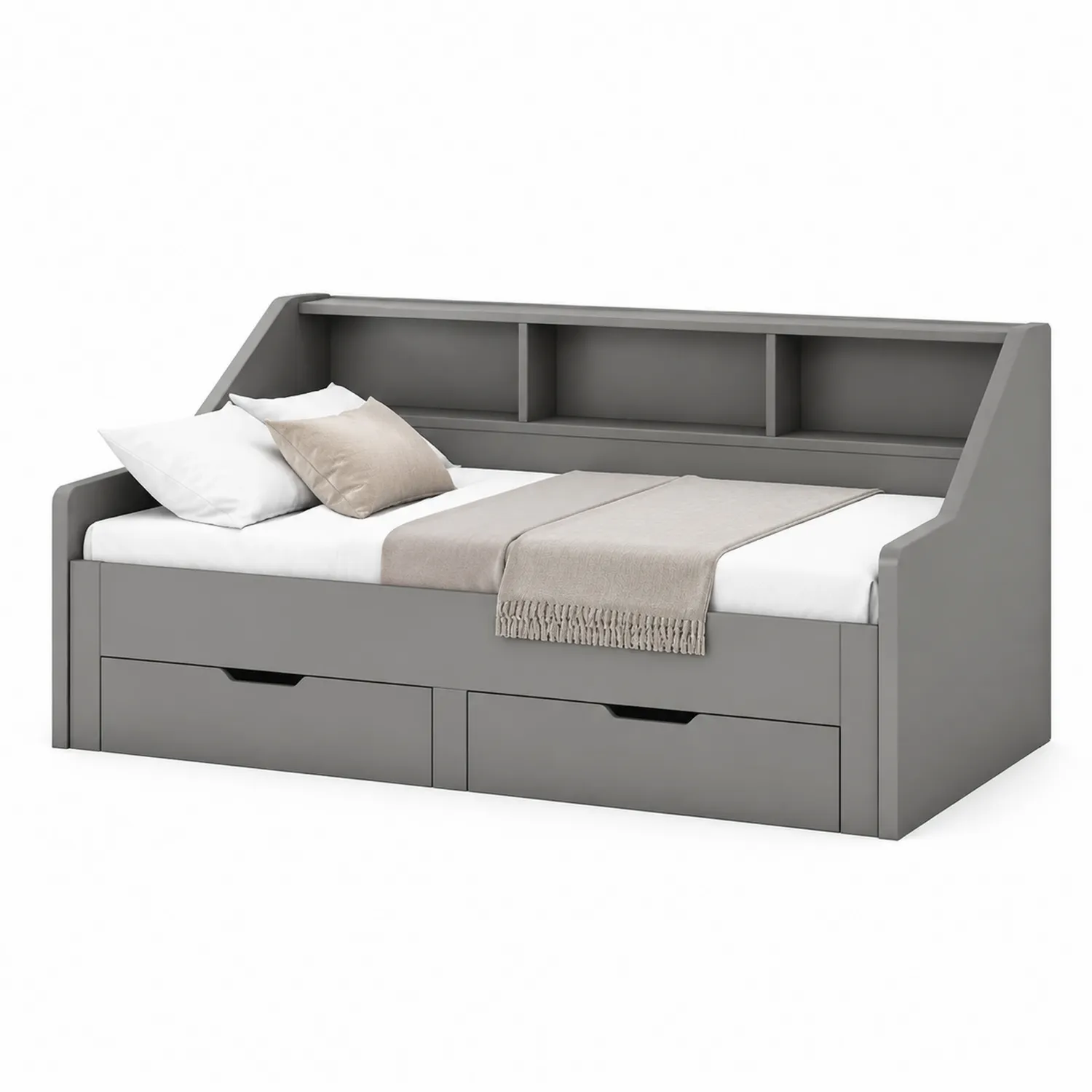 Lit en bois MDF gris avec étagères et tiroirs 200x90 cm-Hearthlyeu