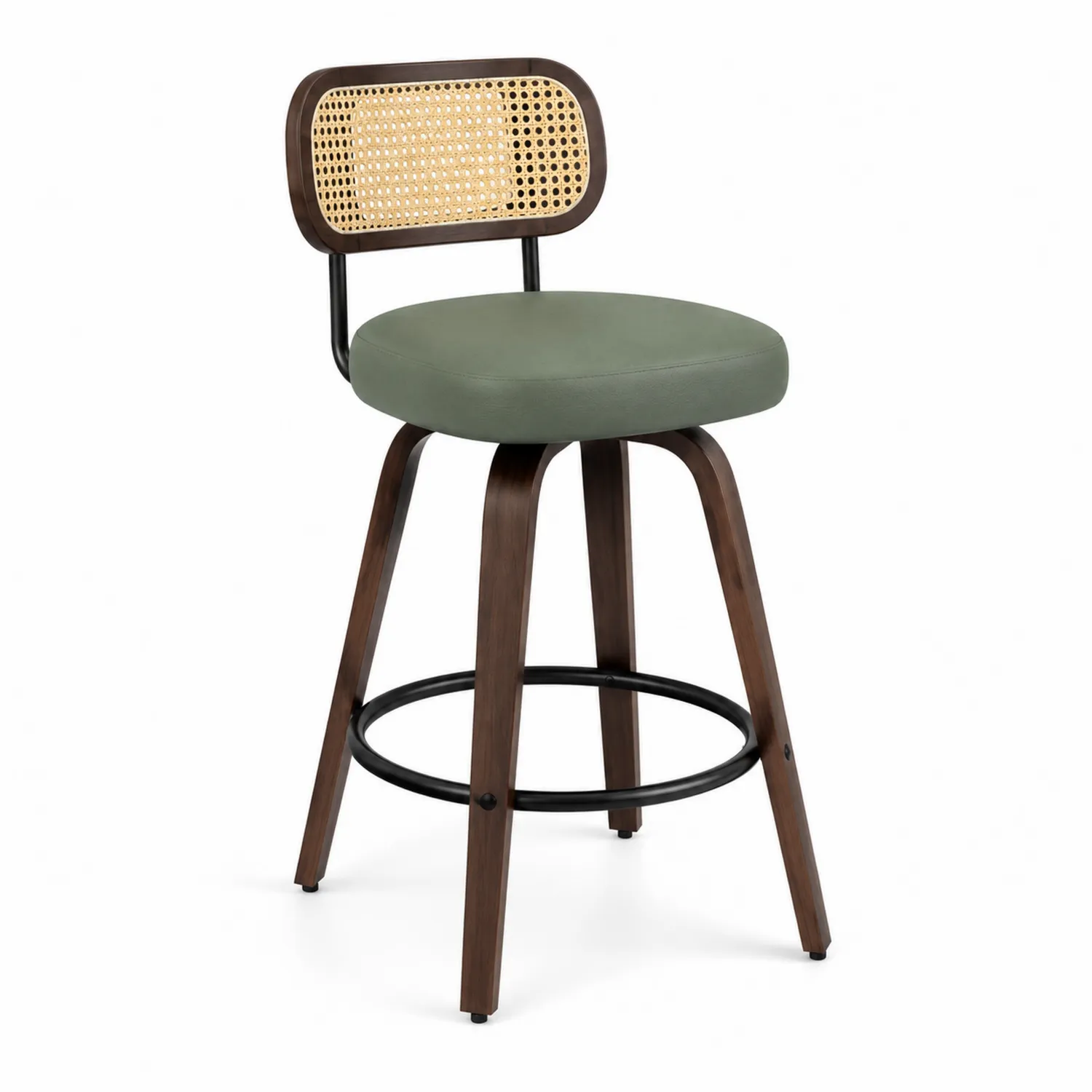 Tabouret en bois avec assise en cuir vert et dossier en rotin-Hearthlyeu