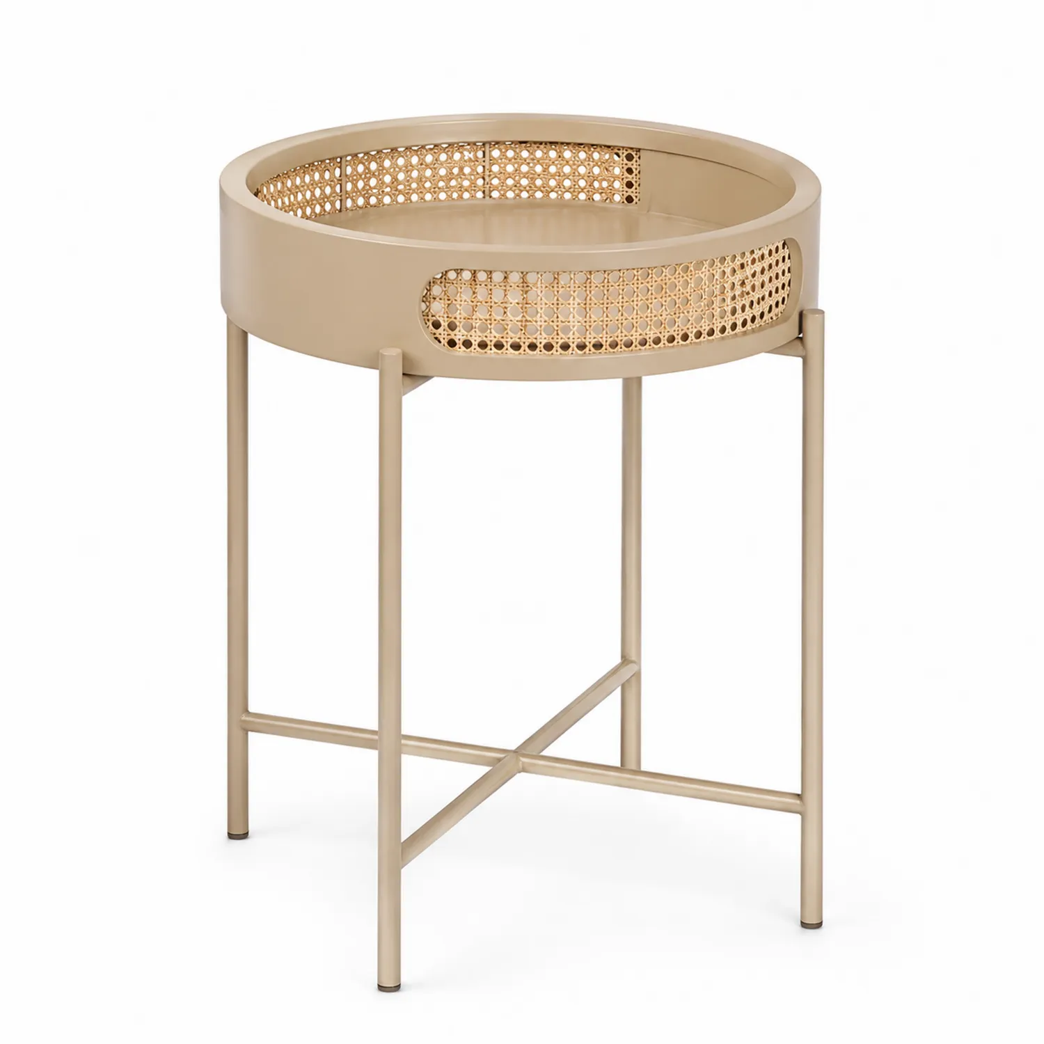 Table d'appoint ronde en métal et rotin beige-Hearthlyeu