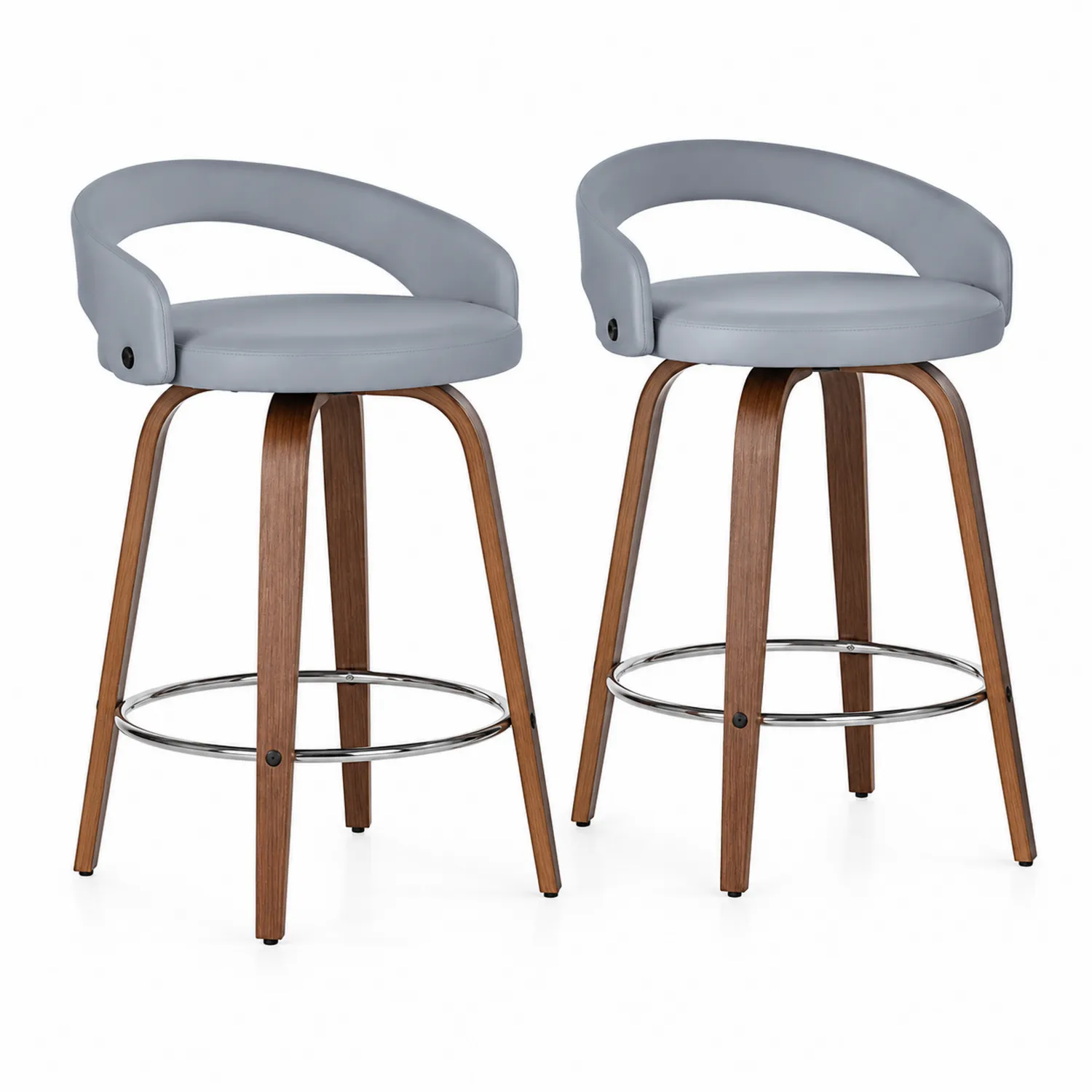 Tabourets de bar en simili cuir gris avec pieds en contreplaqué-Hearthlyeu