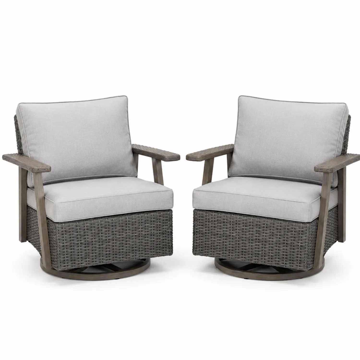 Lot de 2 fauteuils pivotants en rotin avec accoudoirs en bois et coussins gris-Hearthlyeu