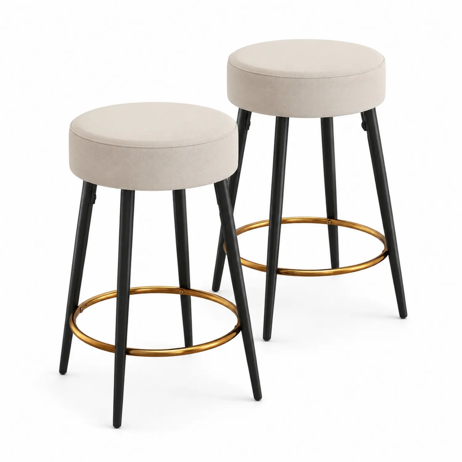 Lot de 2 tabourets de bar en tissu beige avec pieds en métal et repose-pieds doré-Hearthlyeu