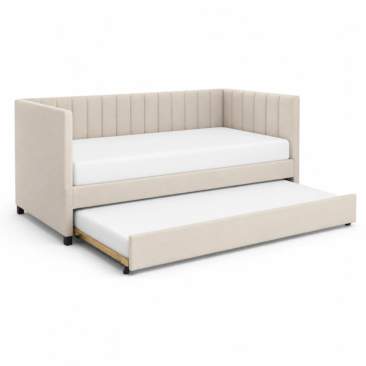 Lit gigogne en bois avec rembourrage en tissu beige-Hearthlyeu