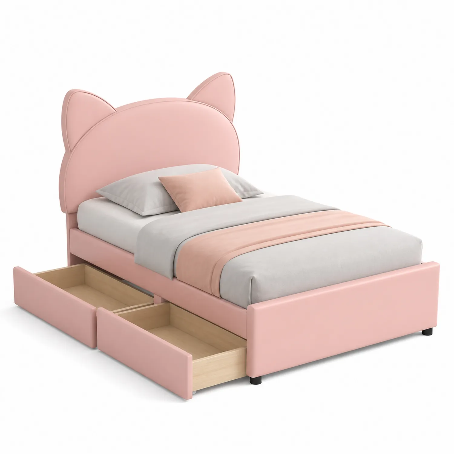 Lit enfant rose avec tête de lit oreilles et rangement 200x90 cm-Hearthlyeu