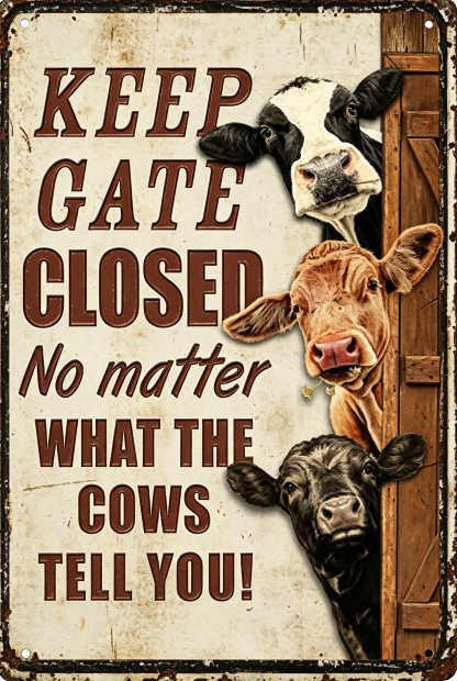 Cows Farm Keep Gate Closed Metal Signs Tin Sign Funny Novetly Caution Sign Metal for Farmhouse Fence House Wall Gate 8x12 inch