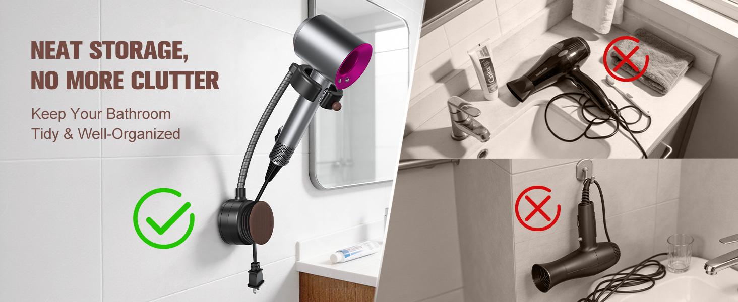 SEANCHEER S07 Hands Free Hair Dryer Holder Wall Mount, 360&deg; Rotating Adjustable Height Suction Cup Blow Dryer Holder, No Drill Installation, Damage-Free Wall, with Cord Storage for Most Hair Dryers