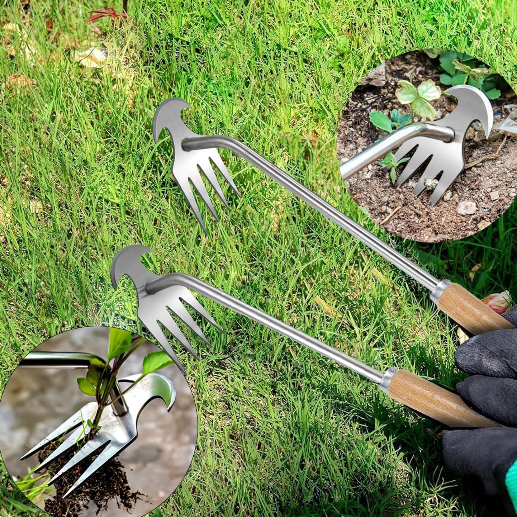 35cm Manual Weeding Tool with Wooden Handle, 4-Tine Stainless Steel Garden Weeder, Handheld Weed Puller Hoe for Lawn, Yard, Farm & Gardening
