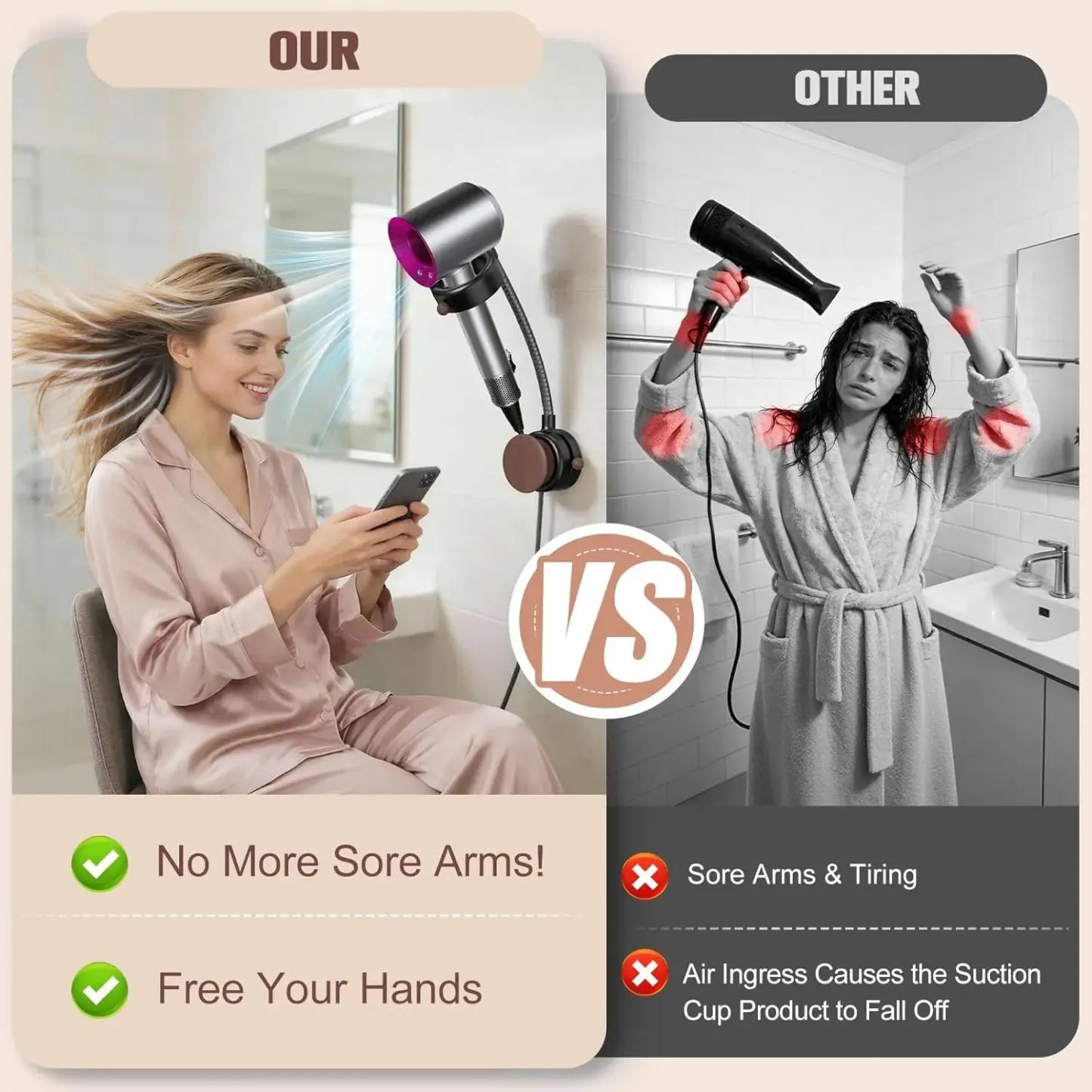 SEANCHEER S07 Hands Free Hair Dryer Holder Wall Mount, 360° Rotating Adjustable Height Suction Cup Blow Dryer Holder, No Drill Installation, Damage-Free Wall, with Cord Storage for Most Hair Dryers