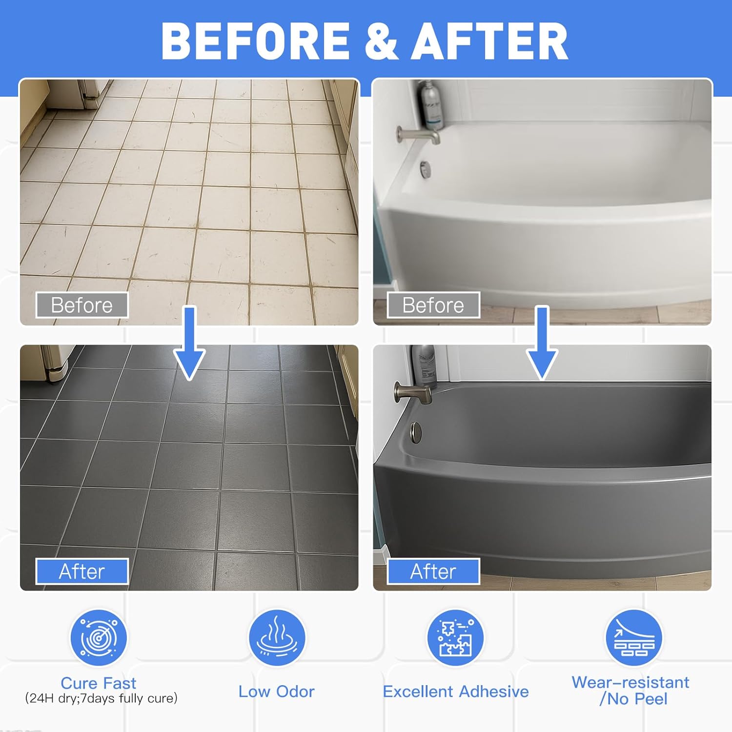 Vyreth Tile Paint, Tub and Tile Refinishing Kit with Tools, Water Based & Low Odor Bathtub Paint Tile Colorant, Easy to Use for Bathroom Kitchen, Semi-Gloss Dark Grey, White, Black, 100g, 300g, 500g