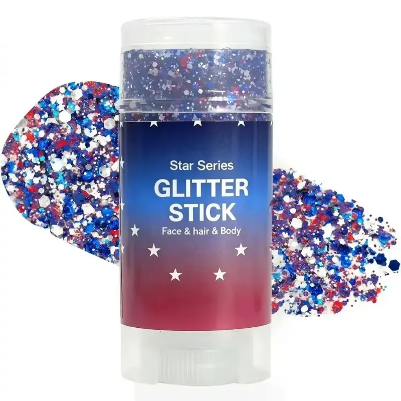4th of July Glitter Stick, Red White Blue Shimmer Gel, Long Lasting Body Face Hair Shiny Makeup, Easy To Apply Patriotic Sparkle Cosmetic, Perfect for Independence Day Party Festival Holiday Daily Trendy Look
