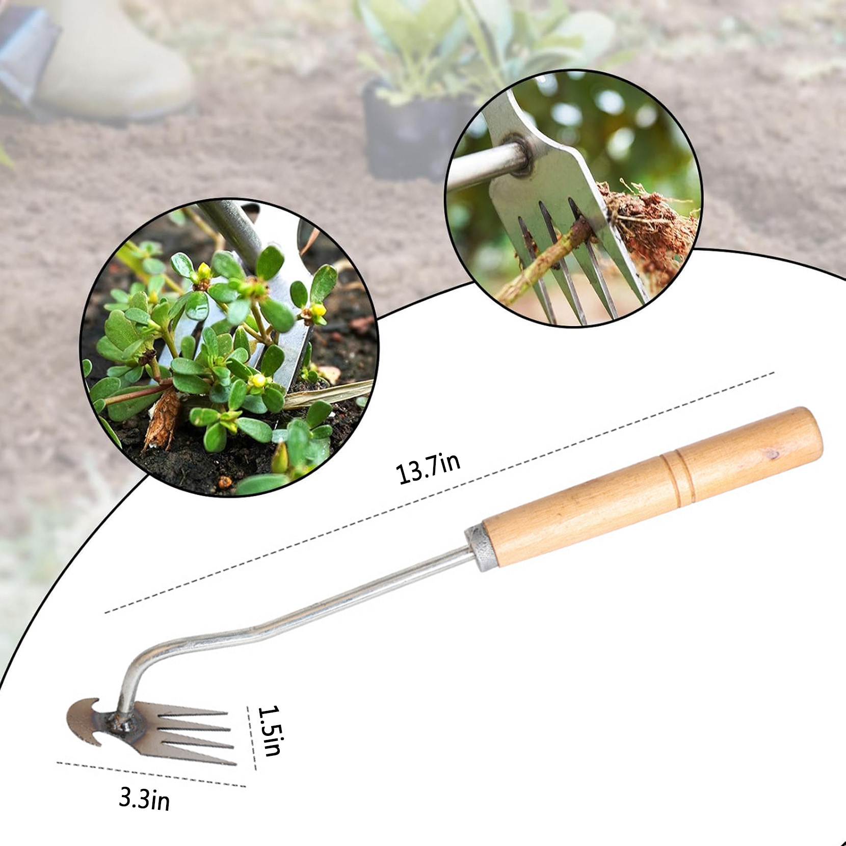 35cm Manual Weeding Tool with Wooden Handle, 4-Tine Stainless Steel Garden Weeder, Handheld Weed Puller Hoe for Lawn, Yard, Farm & Gardening