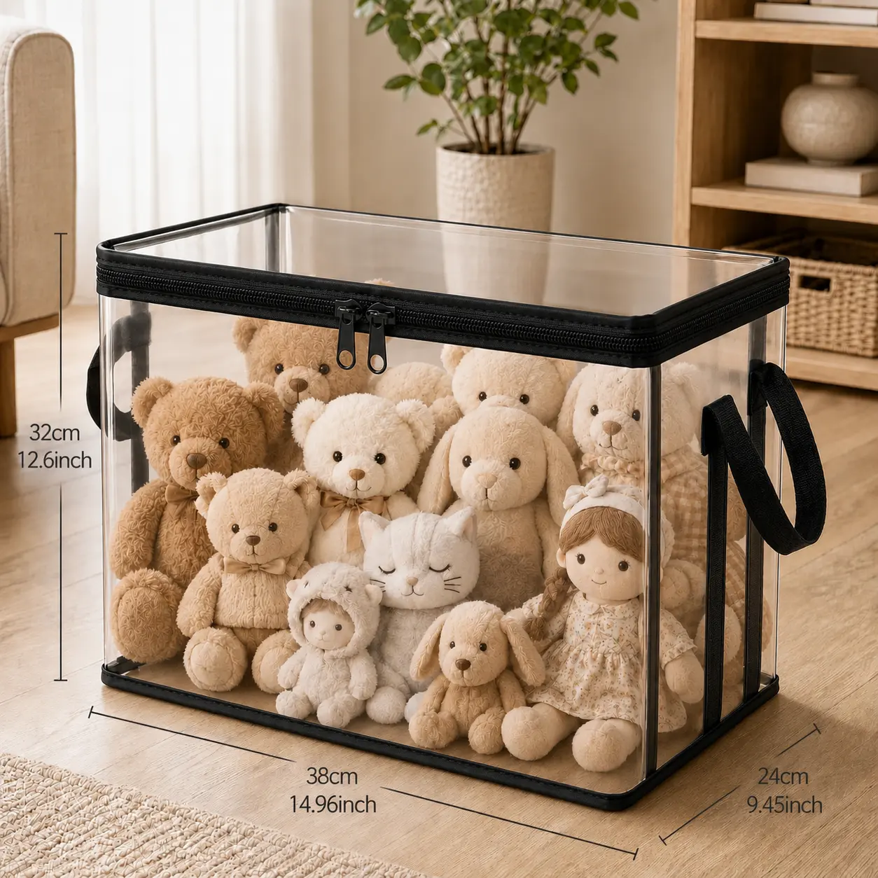 PVC Black Toy Storage Bag with Handle – Dustproof & Sturdy Organizer for Stuffed Animals, Dolls, Clothes, Kids’ Room, Playroom, Living Room, or Birthday Gift
