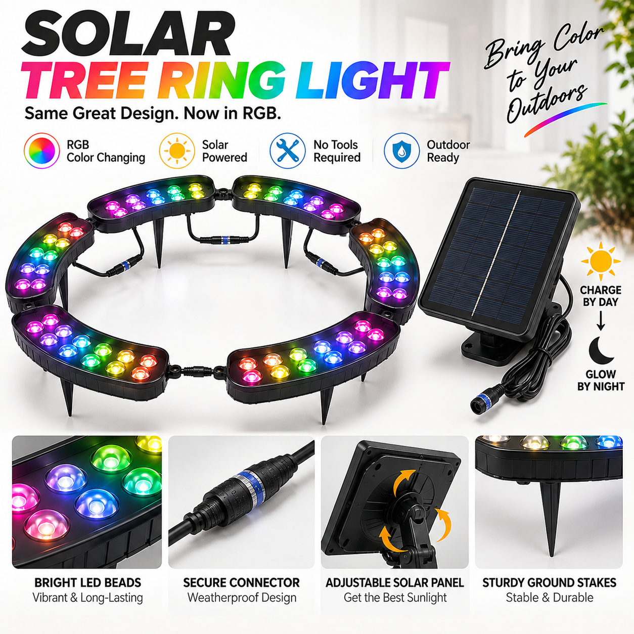 Solar tree ring lighting kit with solar panel