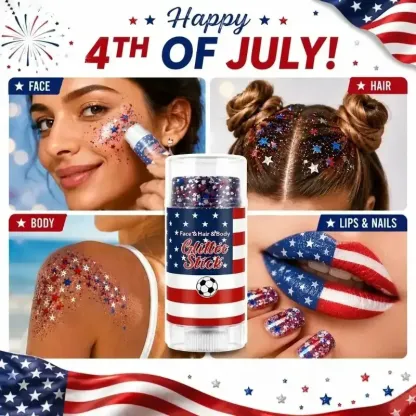 4th of July Glitter Stick, Red White Blue Shimmer Gel, Long Lasting Body Face Hair Shiny Makeup, Easy To Apply Patriotic Sparkle Cosmetic, Perfect for Independence Day Party Festival Holiday Daily Trendy Look