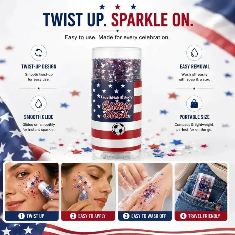 4th of July Glitter Stick, Red White Blue Shimmer Gel, Long Lasting Body Face Hair Shiny Makeup, Easy To Apply Patriotic Sparkle Cosmetic, Perfect for Independence Day Party Festival Holiday Daily Trendy Look