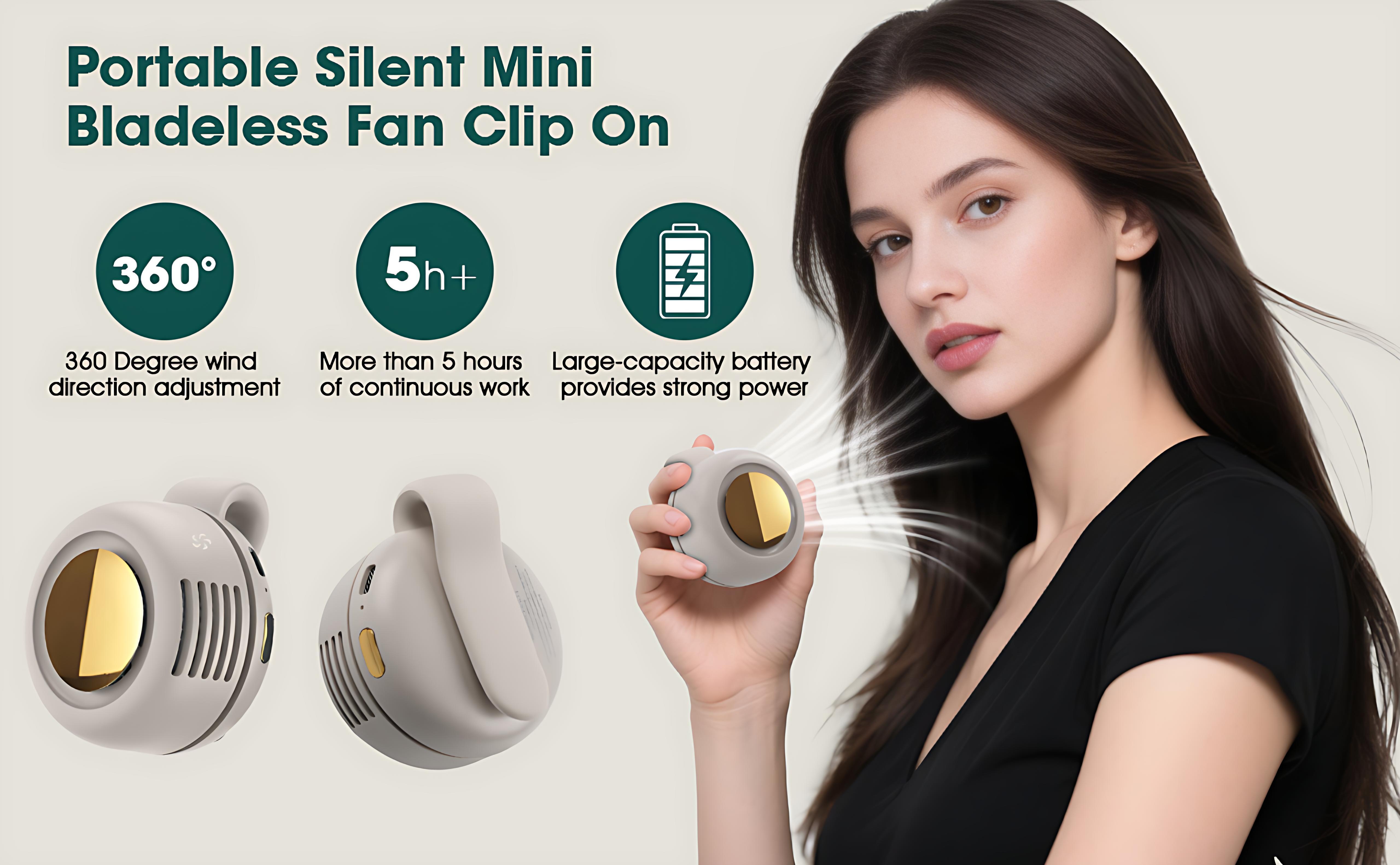 Mini Bladeless Fan. Portable, rechargeable, and silent. Features 3 adjustable speeds, a rotating body, and versatile use as a handheld, waist-mounted, or phone cooling fan. Ideal for outdoor travel,Perfect Gift