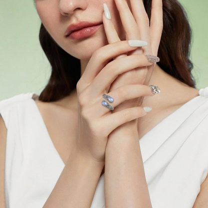 Women's Sterling Silver Moonstone Flower Ring, Adjustable Vintage Spoon Ring Jewelry, Gifts for Mom, Wife, Sister, Her