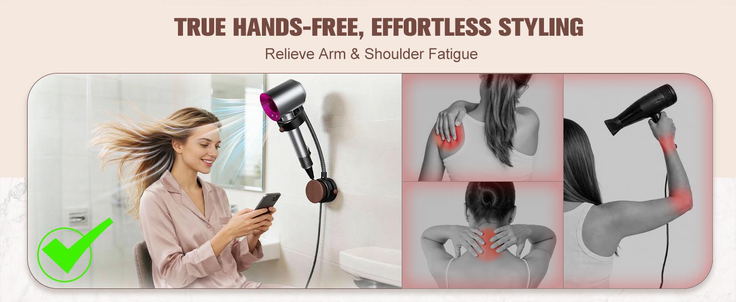 SEANCHEER S07 Hands Free Hair Dryer Holder Wall Mount, 360&deg; Rotating Adjustable Height Suction Cup Blow Dryer Holder, No Drill Installation, Damage-Free Wall, with Cord Storage for Most Hair Dryers