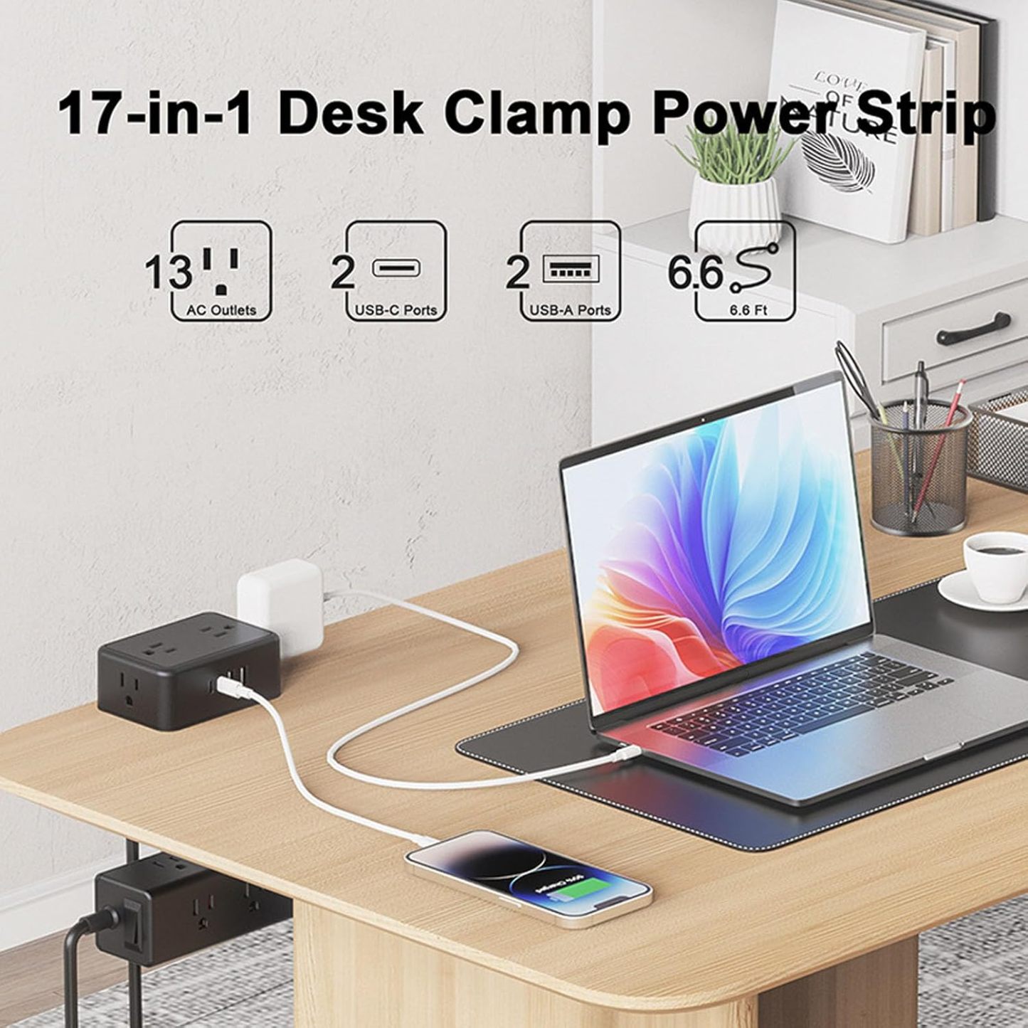 Eujgoov Dual Layer Desk Clamp Power Strip with 13 AC Outlets 4 USB Ports
