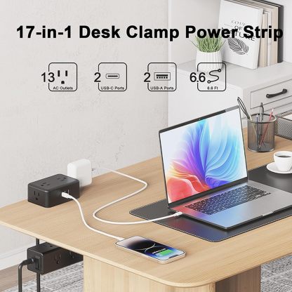 Eujgoov Dual Layer Desk Clamp Power Strip with 13 AC Outlets 4 USB Ports