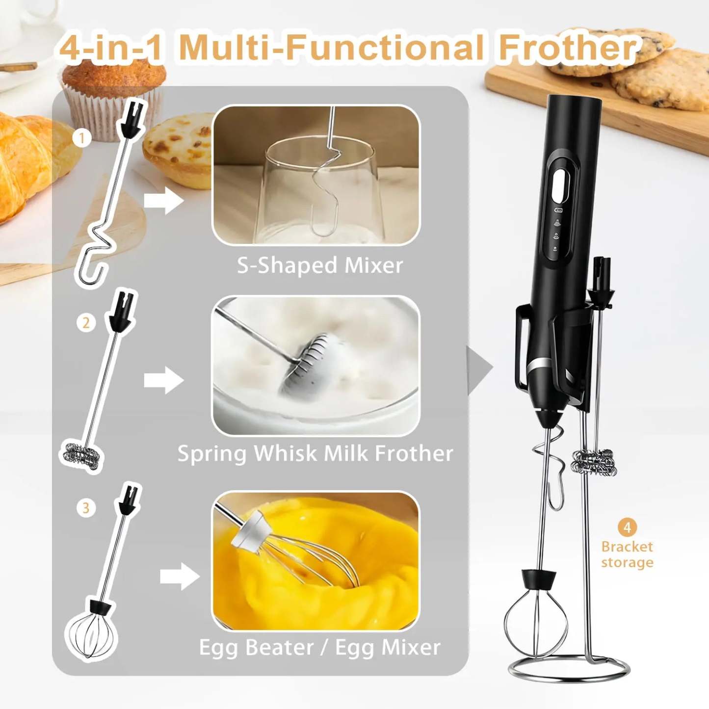 ⚡ Super Powerful Torque — Rechargeable Milk Frother Wand ☕3-Speed Handheld Foam Maker for Coffee, Matcha & Protein Shakes
