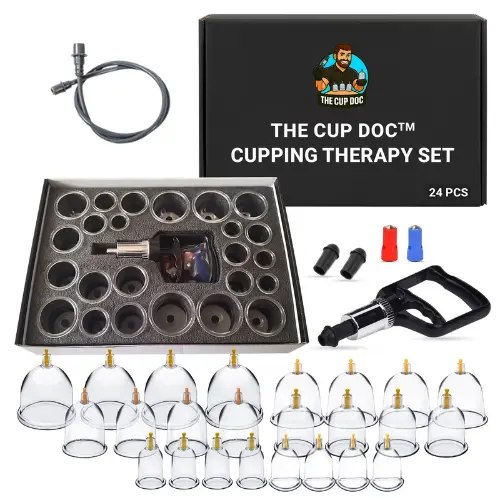 The Cup Doc Cupping Therapy Kit | Back Pain Relief & Muscle Recovery | 12PC & 24PC | Hand Pump, Magnets & Hose Included | At Home Use