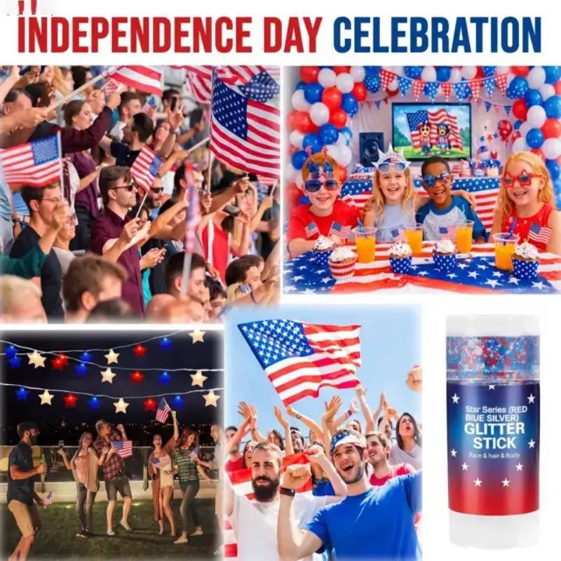 4th of July Glitter Stick, Red White Blue Shimmer Gel, Long Lasting Body Face Hair Shiny Makeup, Easy To Apply Patriotic Sparkle Cosmetic, Perfect for Independence Day Party Festival Holiday Daily Trendy Look