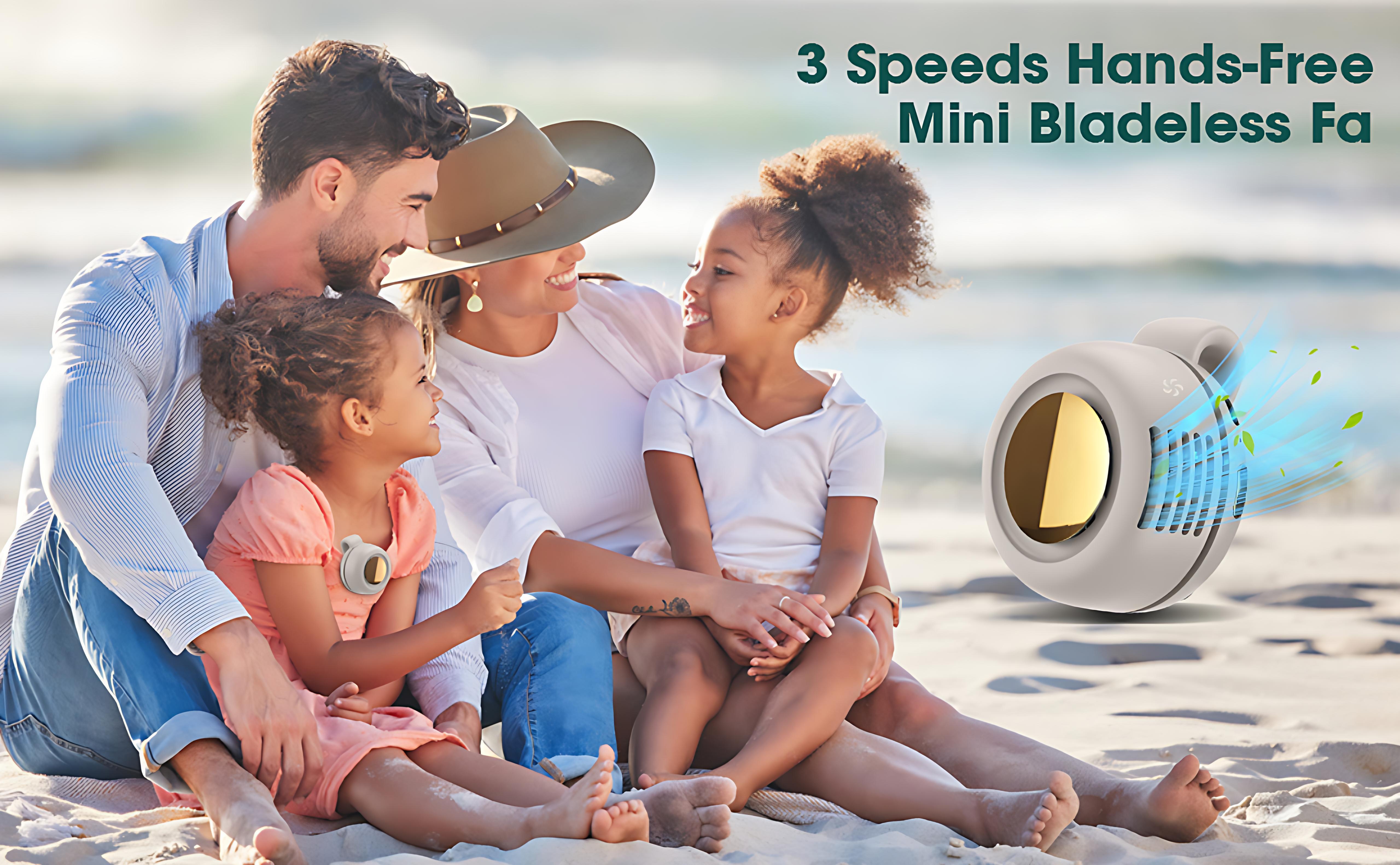Mini Bladeless Fan. Portable, rechargeable, and silent. Features 3 adjustable speeds, a rotating body, and versatile use as a handheld, waist-mounted, or phone cooling fan. Ideal for outdoor travel,Perfect Gift