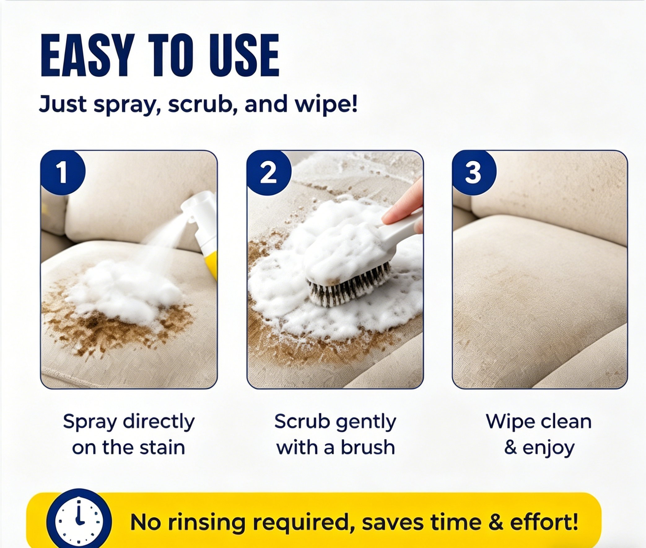 Spray scrub wipe foam cleaner steps