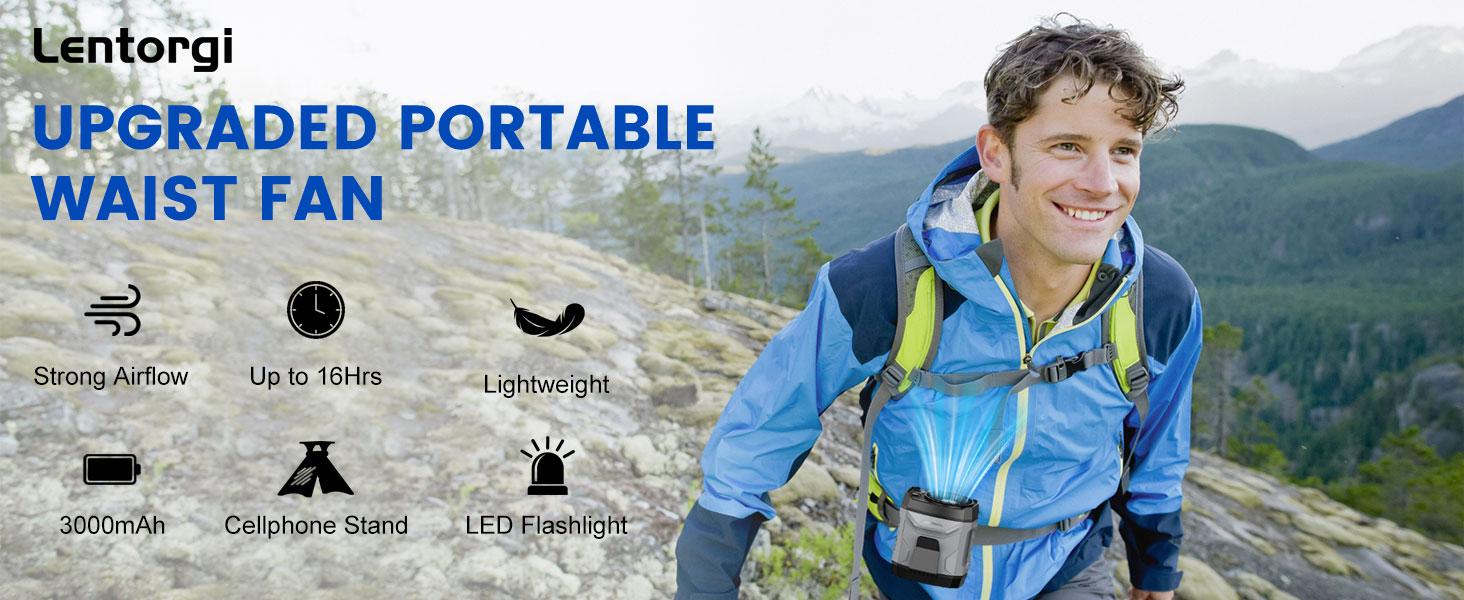 【Lentorgi】Portable Fan,Clip Fan Rechargeable With stand,4 Speeds Strong Airflow Small Fan Waist,Weight reduction design,for Travel Camping Outdoor Jobsite,Camping Essentials-Black and Gray