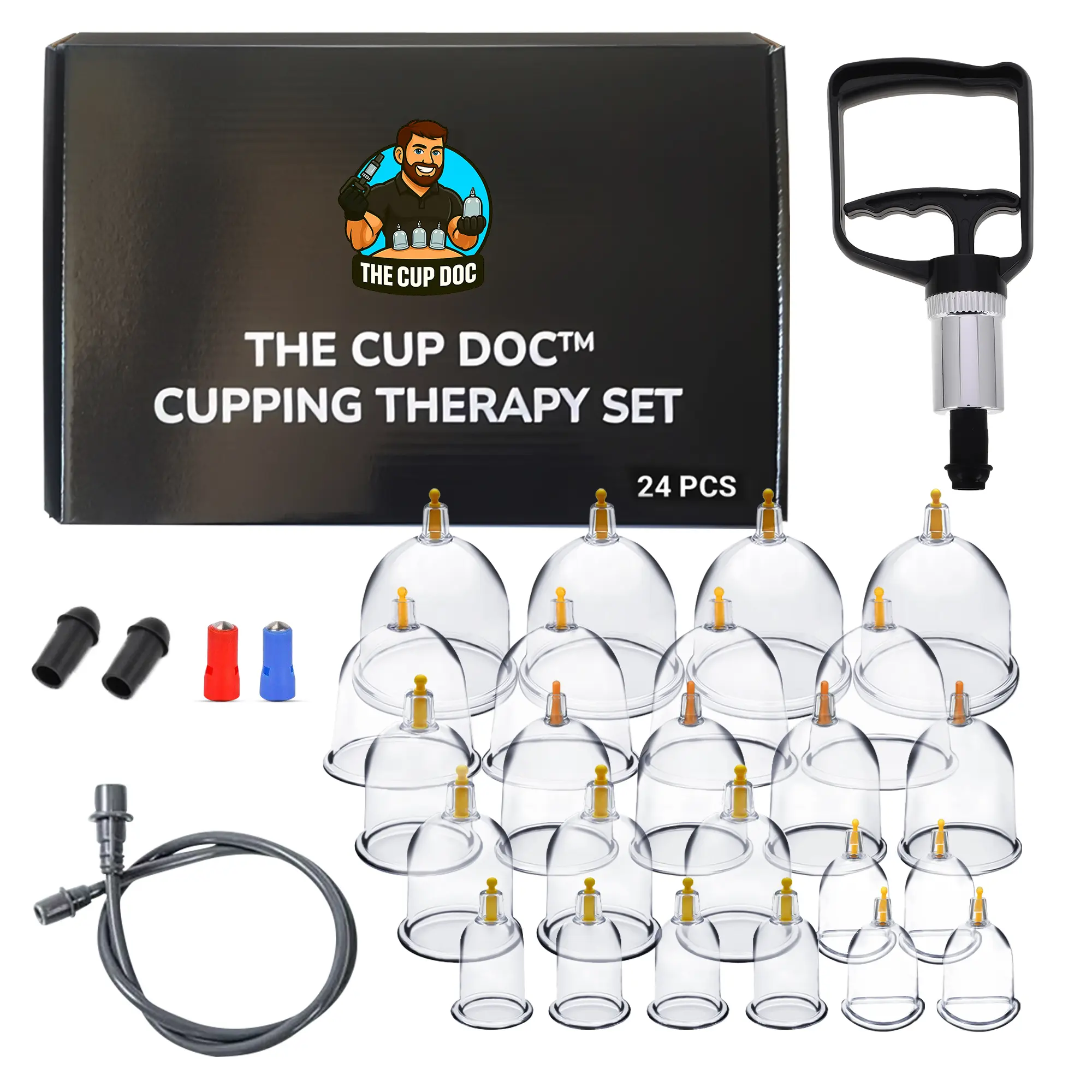 The Cup Doc Cupping Therapy Kit | Back Pain Relief & Muscle Recovery | 12PC & 24PC | Hand Pump, Magnets & Hose Included | At Home Use