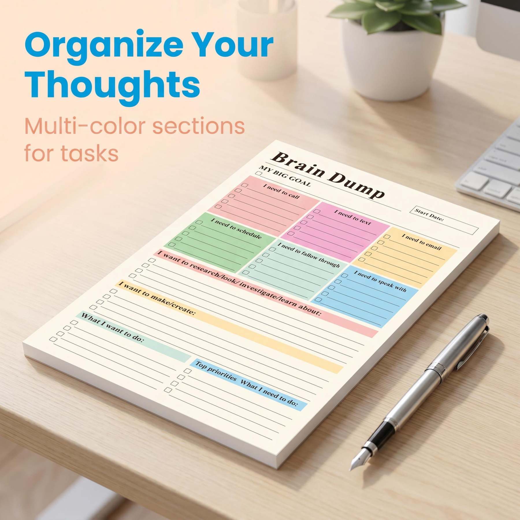 ADHD Brain Dump Planner Notepad, 50 Tear-Off Sheets 8.5 x 6.5", Multi-Section Daily Organizer for Work & Personal To-Do Lists, Priorities & Schedules, Focus Workbook Perfect Holiday Gift