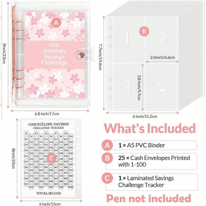1 Book 100 Days Money Saving Challenge Book With Loose-Leaf Binder Pink Cover