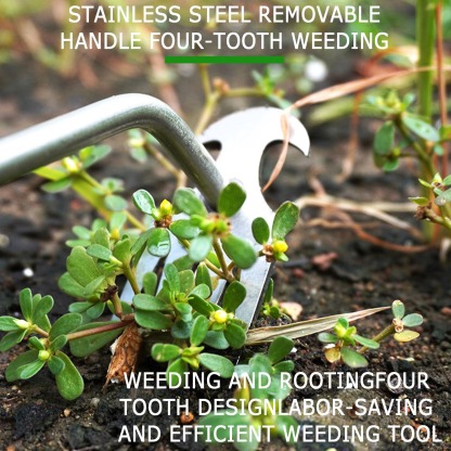 35cm Manual Weeding Tool with Wooden Handle, 4-Tine Stainless Steel Garden Weeder, Handheld Weed Puller Hoe for Lawn, Yard, Farm & Gardening