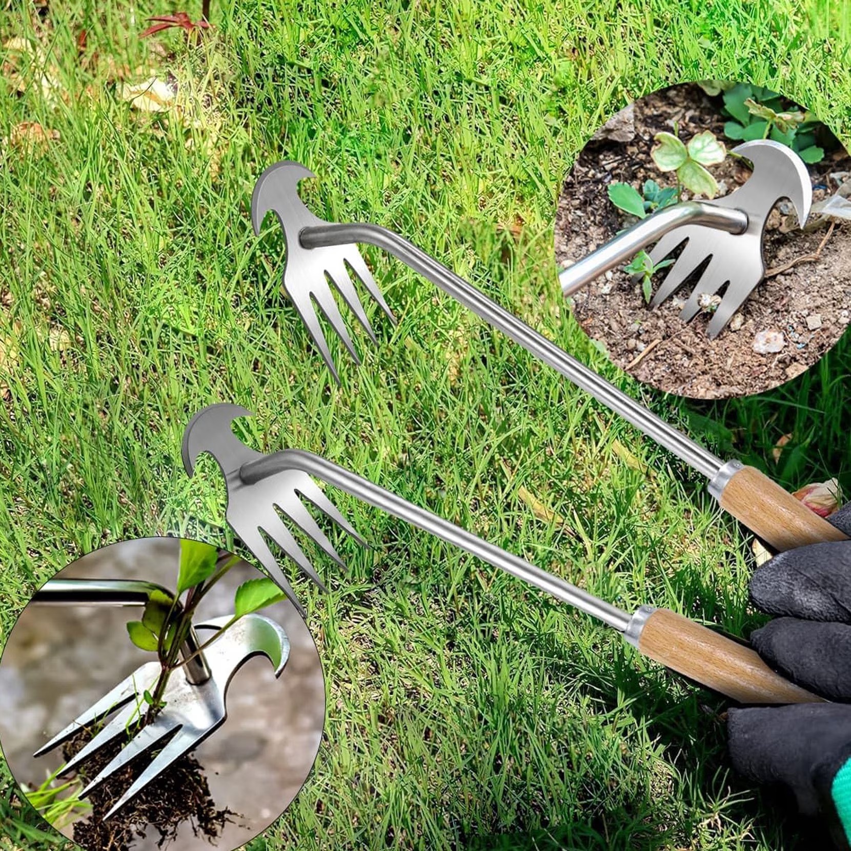 35cm Manual Weeding Tool with Wooden Handle, 4-Tine Stainless Steel Garden Weeder, Handheld Weed Puller Hoe for Lawn, Yard, Farm & Gardening