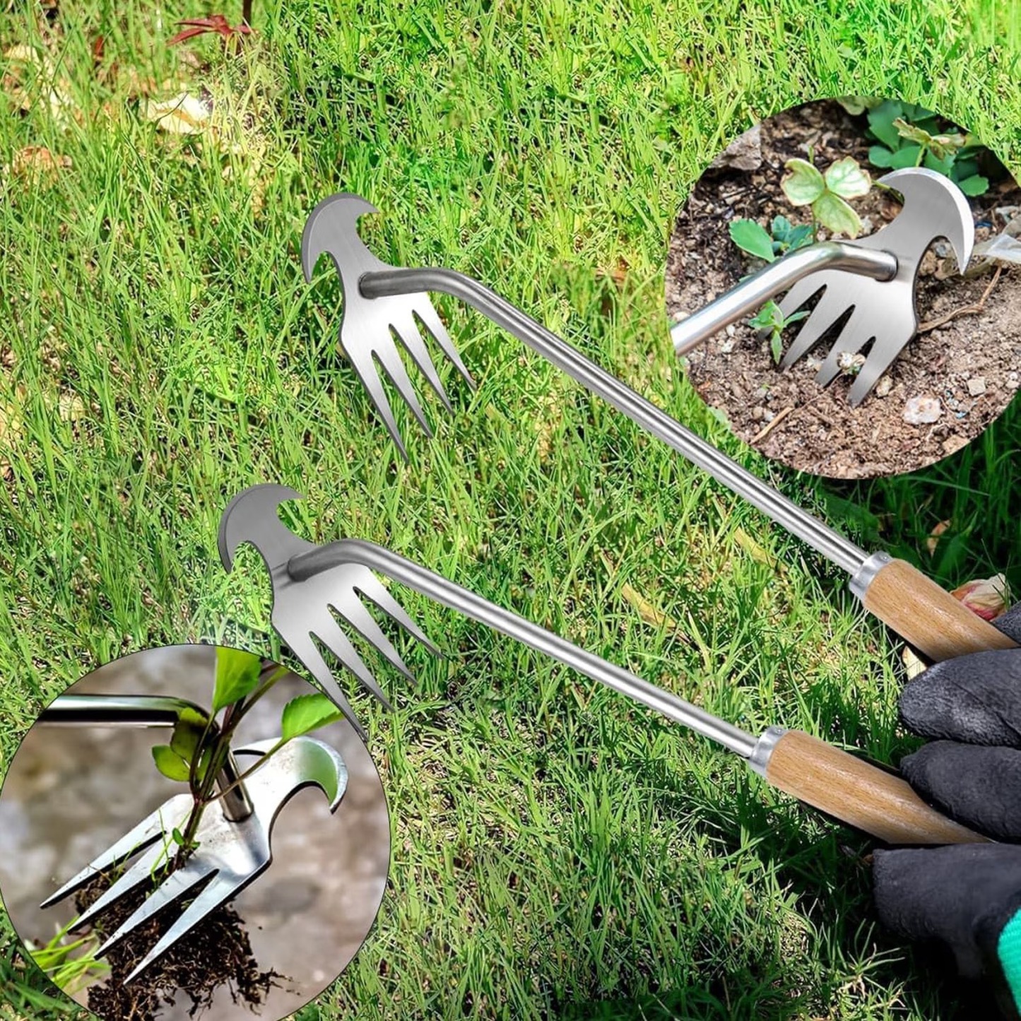 35cm Manual Weeding Tool with Wooden Handle, 4-Tine Stainless Steel Garden Weeder, Handheld Weed Puller Hoe for Lawn, Yard, Farm & Gardening
