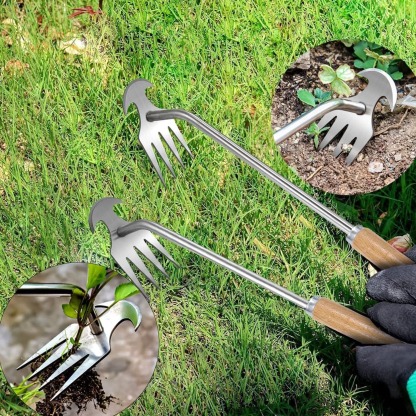 35cm Manual Weeding Tool with Wooden Handle, 4-Tine Stainless Steel Garden Weeder, Handheld Weed Puller Hoe for Lawn, Yard, Farm & Gardening