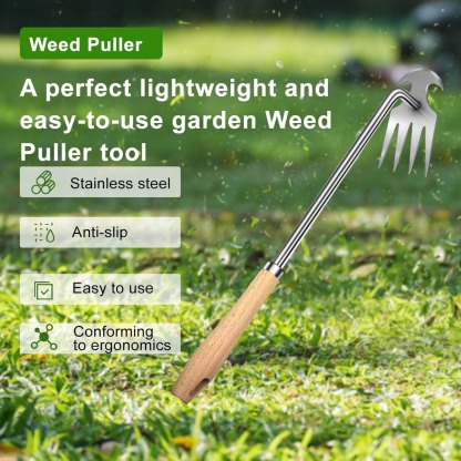 35cm Manual Weeding Tool with Wooden Handle, 4-Tine Stainless Steel Garden Weeder, Handheld Weed Puller Hoe for Lawn, Yard, Farm & Gardening